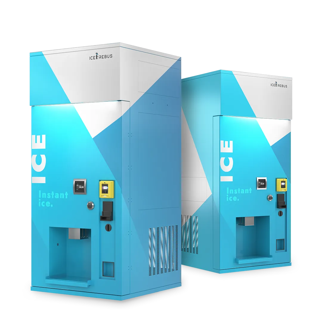 Two blue and white ice vending machines branded ICE REBUS with text 'ICE Instant ice.' and digital payment displays.